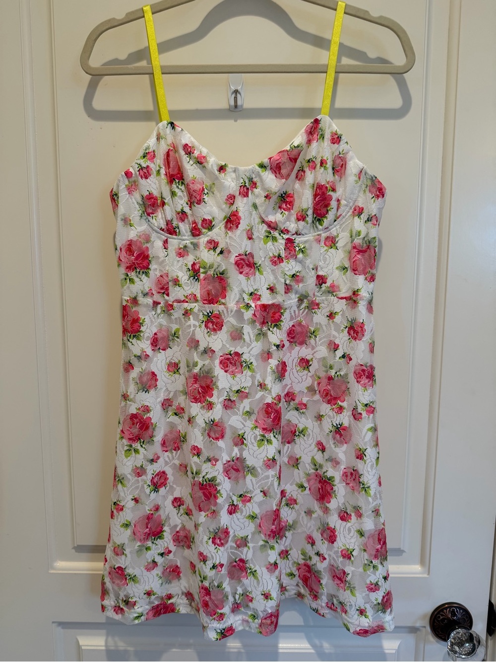 Betsey Johnson White Floral Mini Dress with Pink Roses and Yellow Straps